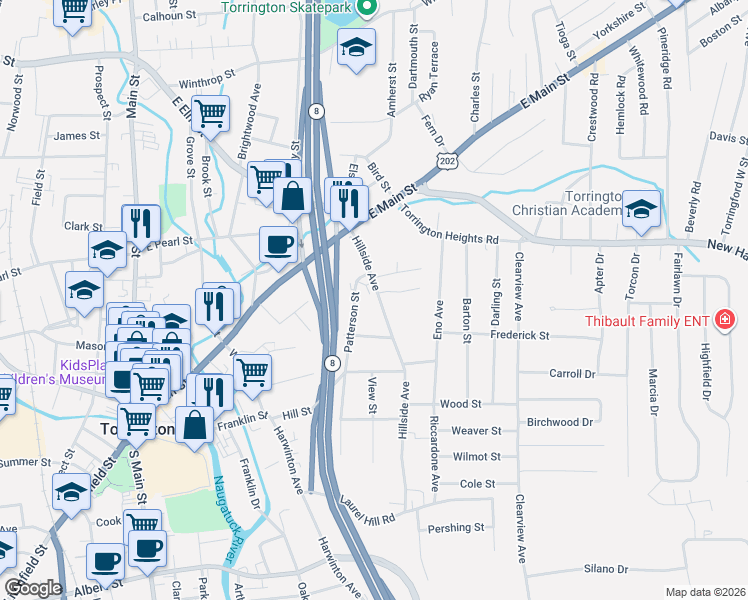 map of restaurants, bars, coffee shops, grocery stores, and more near 35 Patterson Street in Torrington
