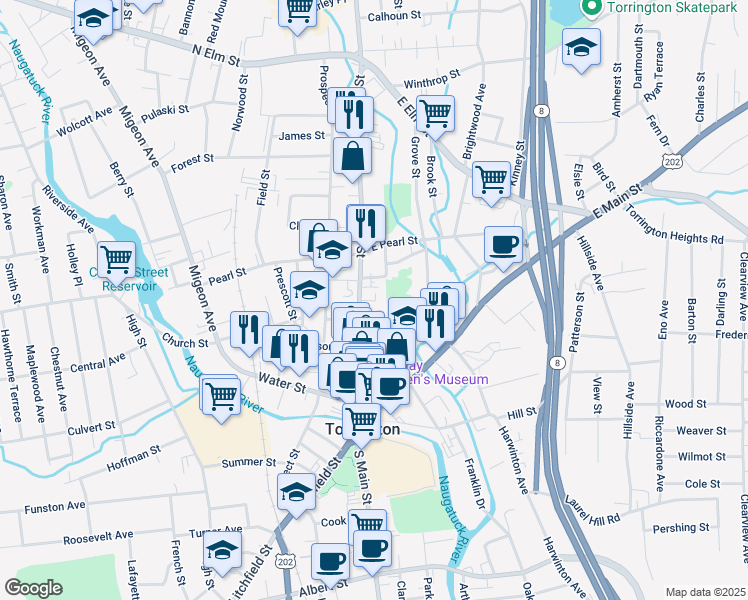 map of restaurants, bars, coffee shops, grocery stores, and more near 192 Main Street in Torrington