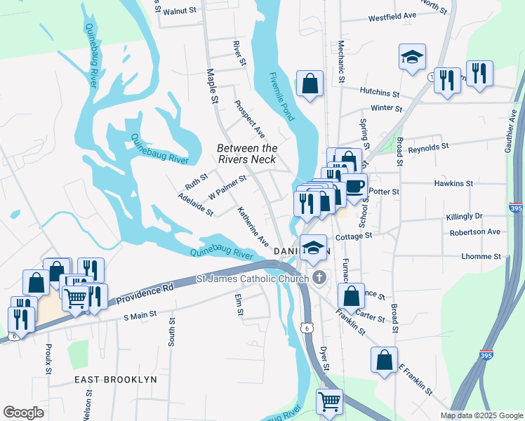 map of restaurants, bars, coffee shops, grocery stores, and more near 90 Katherine Avenue in Killingly