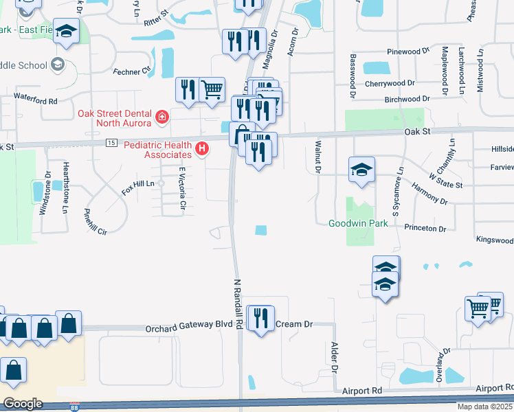 map of restaurants, bars, coffee shops, grocery stores, and more near 847 Staghorn Lane in North Aurora