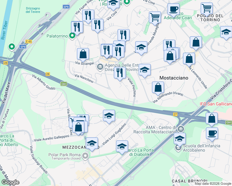 map of restaurants, bars, coffee shops, grocery stores, and more near 103 Via Canton in Roma