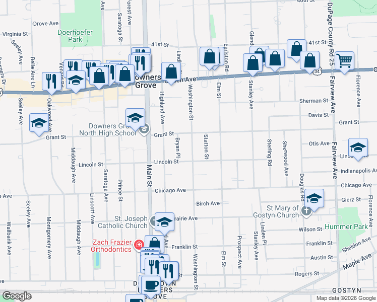 map of restaurants, bars, coffee shops, grocery stores, and more near 4513 Bryan Place in Downers Grove