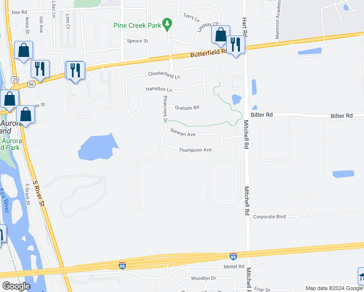 map of restaurants, bars, coffee shops, grocery stores, and more near 651 Thompson Avenue in North Aurora