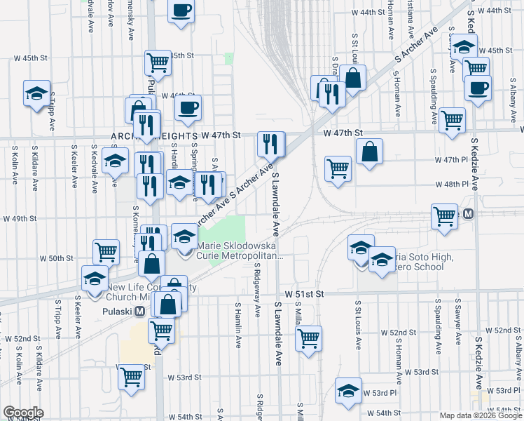 map of restaurants, bars, coffee shops, grocery stores, and more near 4829 South Ridgeway Avenue in Chicago