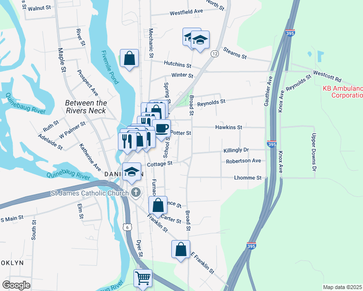 map of restaurants, bars, coffee shops, grocery stores, and more near 130 School Street in Killingly