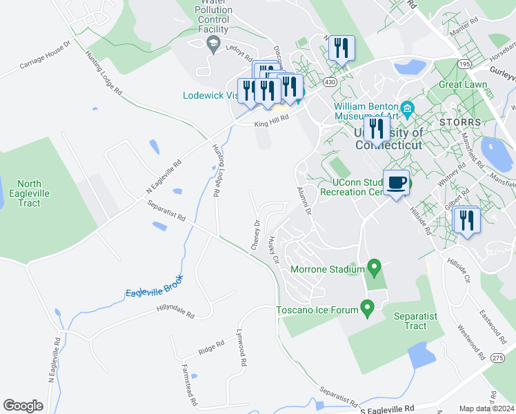 map of restaurants, bars, coffee shops, grocery stores, and more near 45 Cheney Drive in Mansfield