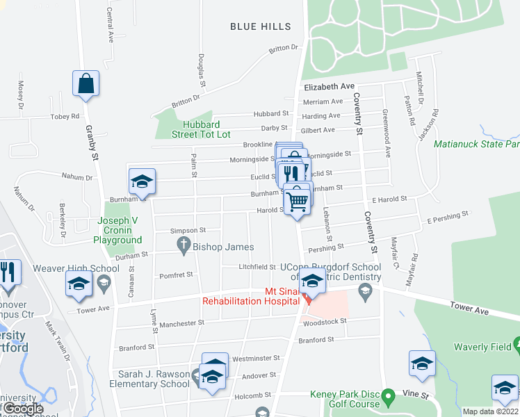 map of restaurants, bars, coffee shops, grocery stores, and more near 39 Burnham Street in Hartford
