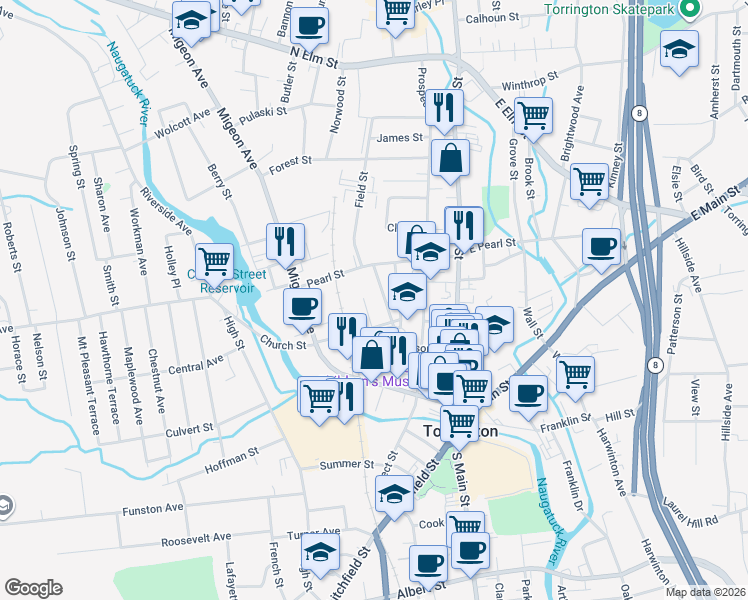map of restaurants, bars, coffee shops, grocery stores, and more near 67 Prescott Street in Torrington