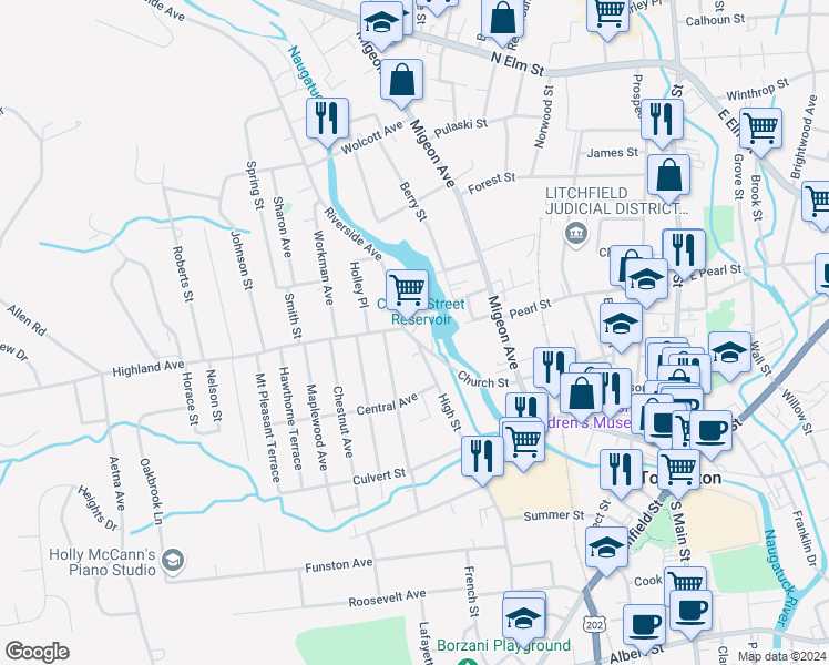 map of restaurants, bars, coffee shops, grocery stores, and more near 404 Church Street in Torrington