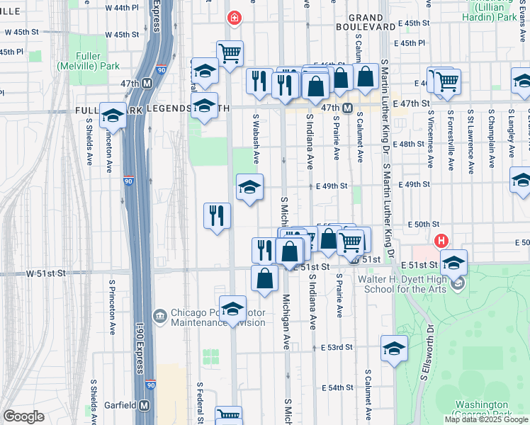 map of restaurants, bars, coffee shops, grocery stores, and more near 4913 South Wabash Avenue in Chicago