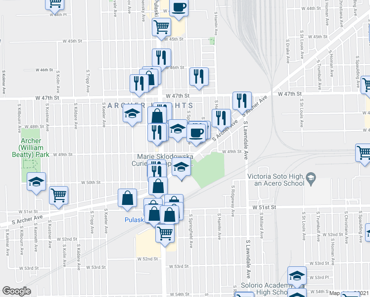map of restaurants, bars, coffee shops, grocery stores, and more near 4834 South Springfield Avenue in Chicago