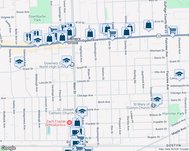 map of restaurants, bars, coffee shops, grocery stores, and more near 4513 Bryan Place in Downers Grove