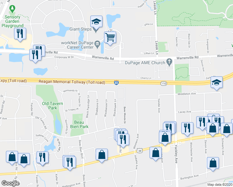 map of restaurants, bars, coffee shops, grocery stores, and more near 4409 Blackhawk Lane in Lisle