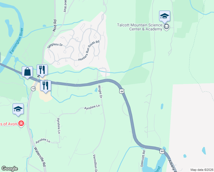 map of restaurants, bars, coffee shops, grocery stores, and more near 8 Wright Drive in Avon