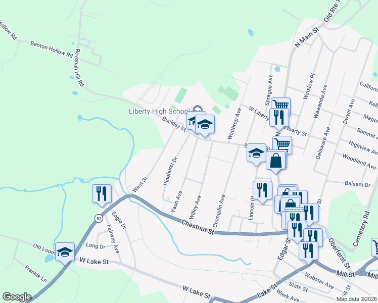 map of restaurants, bars, coffee shops, grocery stores, and more near 13 Pinehurst Drive in Liberty