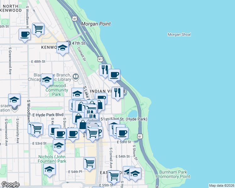 map of restaurants, bars, coffee shops, grocery stores, and more near 4946 South Chicago Beach Drive in Chicago