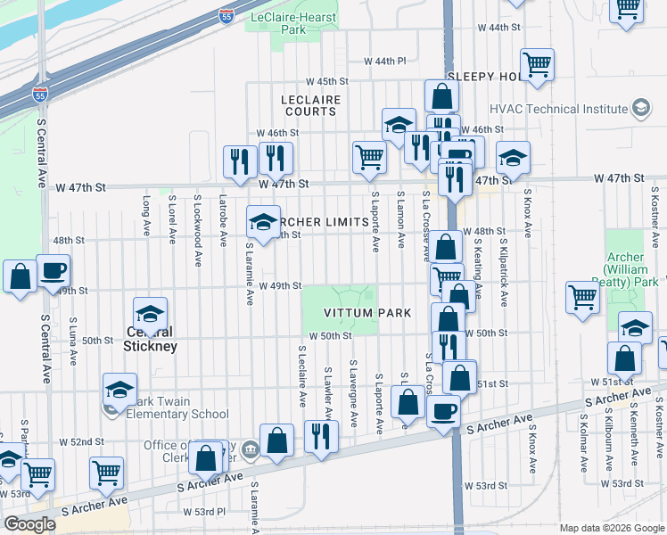 map of restaurants, bars, coffee shops, grocery stores, and more near 4822 South Lavergne Avenue in Chicago