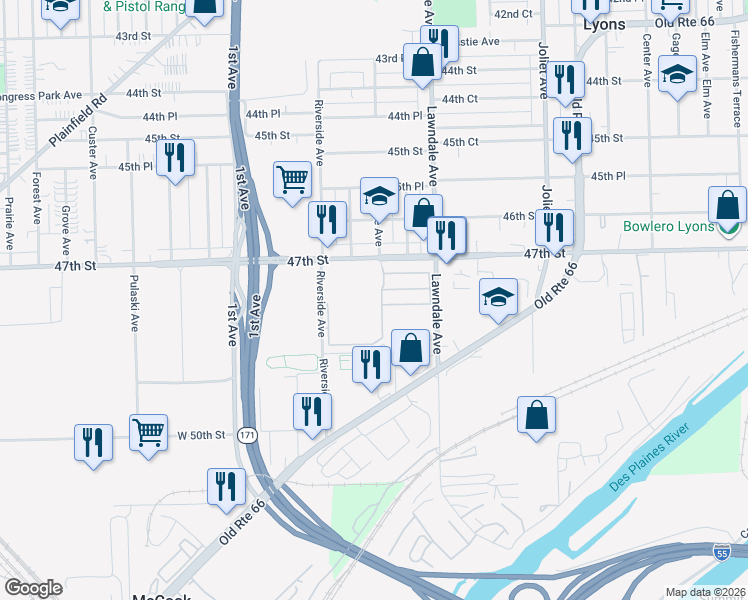 map of restaurants, bars, coffee shops, grocery stores, and more near 8301-8325 West 47th Street in Lyons
