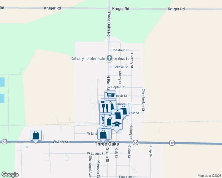 map of restaurants, bars, coffee shops, grocery stores, and more near 404 North Elm Street in Three Oaks