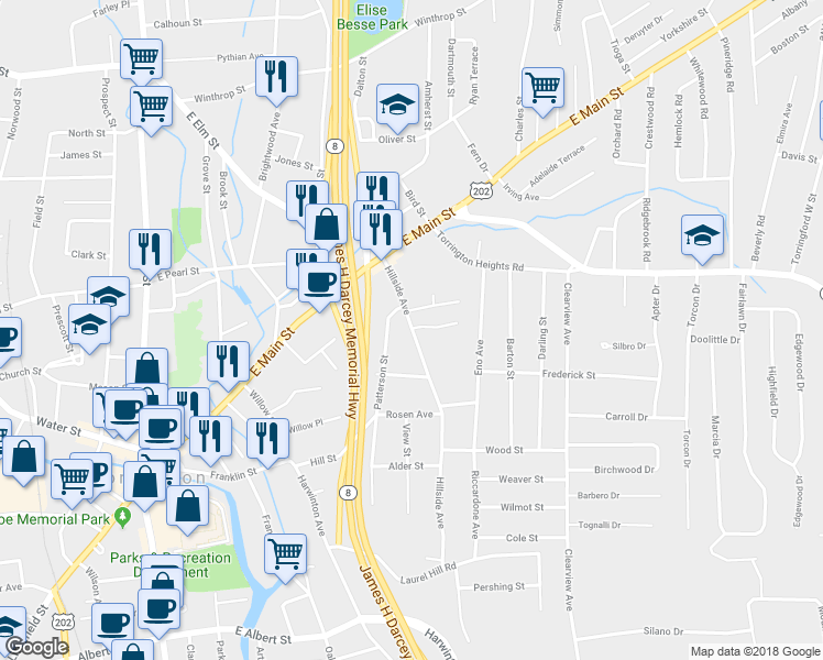 map of restaurants, bars, coffee shops, grocery stores, and more near 104 Hillside Avenue in Torrington
