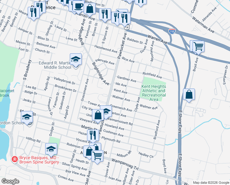 map of restaurants, bars, coffee shops, grocery stores, and more near 2573 Pawtucket Avenue in East Providence