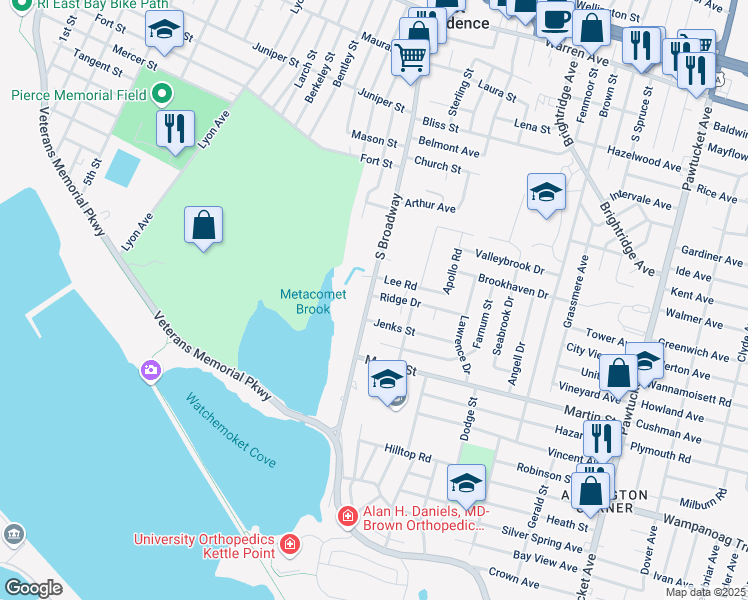 map of restaurants, bars, coffee shops, grocery stores, and more near 16 Ridge Drive in East Providence