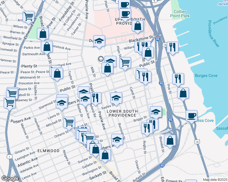 map of restaurants, bars, coffee shops, grocery stores, and more near 38 Burnside Street in Providence