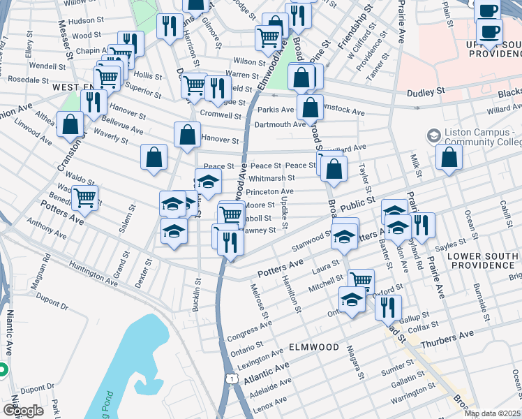 map of restaurants, bars, coffee shops, grocery stores, and more near 115 Moore Street in Providence