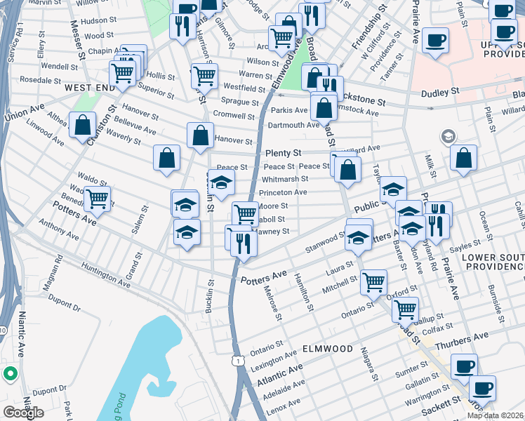 map of restaurants, bars, coffee shops, grocery stores, and more near 115 Moore Street in Providence