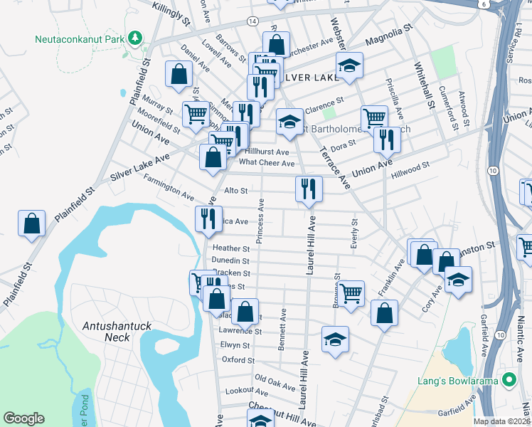 map of restaurants, bars, coffee shops, grocery stores, and more near 264 Farmington Avenue in Cranston