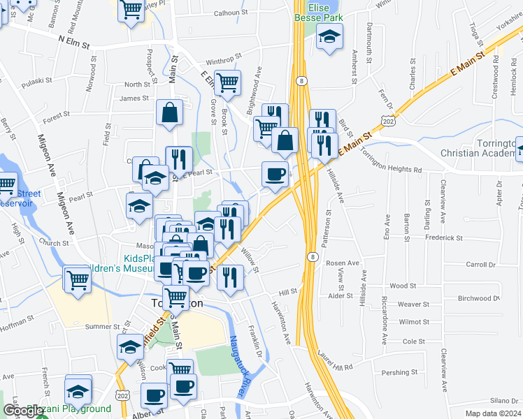 map of restaurants, bars, coffee shops, grocery stores, and more near 36 Brookside Avenue in Torrington