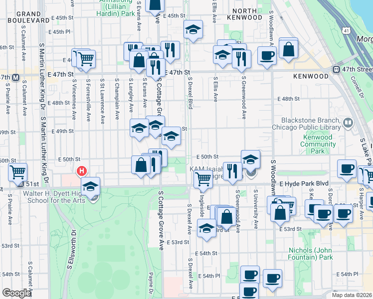 map of restaurants, bars, coffee shops, grocery stores, and more near 4926 South Drexel Avenue in Chicago