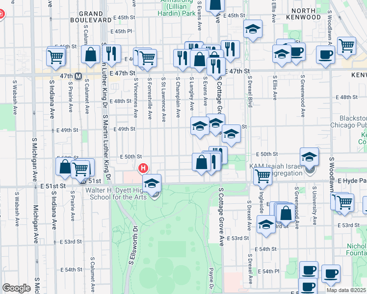 map of restaurants, bars, coffee shops, grocery stores, and more near 4928 South Langley Avenue in Chicago