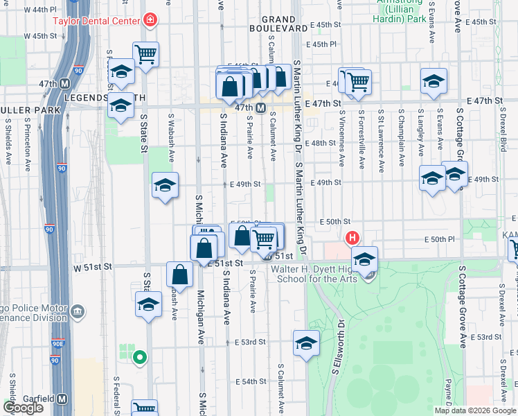 map of restaurants, bars, coffee shops, grocery stores, and more near 4927 South Prairie Avenue in Chicago