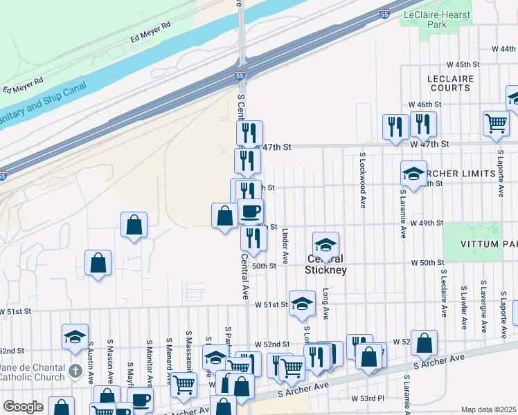 map of restaurants, bars, coffee shops, grocery stores, and more near 4812 South Luna Avenue in Chicago