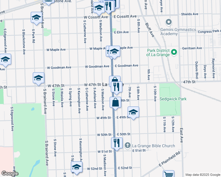 map of restaurants, bars, coffee shops, grocery stores, and more near 502 South La Grange Road in La Grange