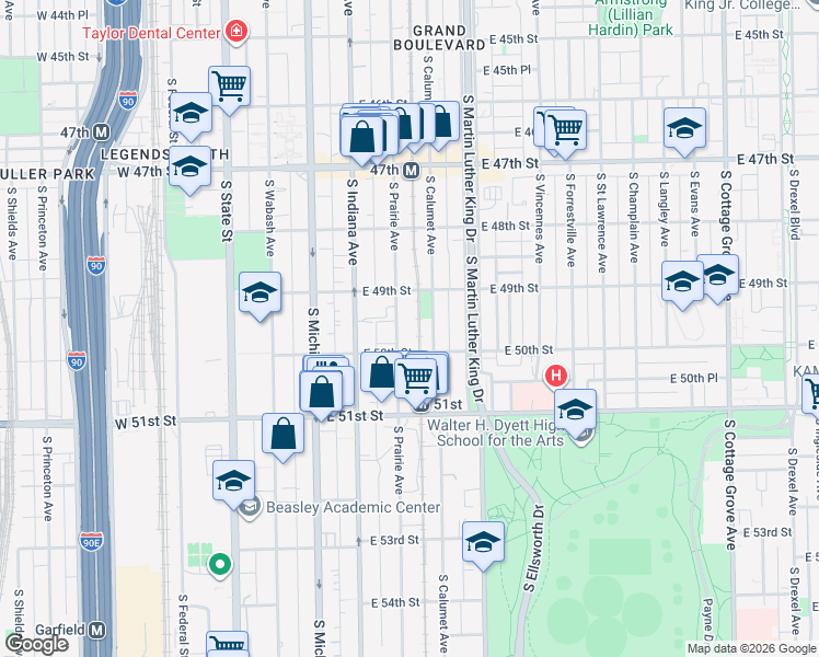 map of restaurants, bars, coffee shops, grocery stores, and more near 4927 South Prairie Avenue in Chicago