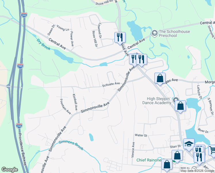 map of restaurants, bars, coffee shops, grocery stores, and more near 65 Scituate Avenue in Johnston