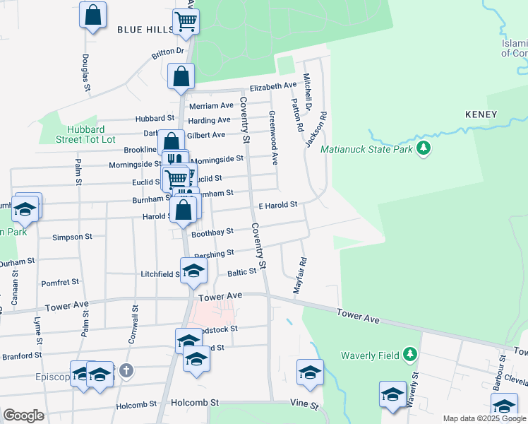 map of restaurants, bars, coffee shops, grocery stores, and more near 96 East Harold Street in Bloomfield