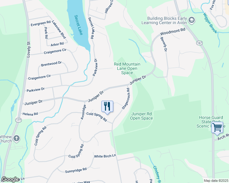 map of restaurants, bars, coffee shops, grocery stores, and more near 146 Juniper Drive in Avon