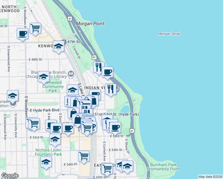 map of restaurants, bars, coffee shops, grocery stores, and more near 4946 South Chicago Beach Drive in Chicago