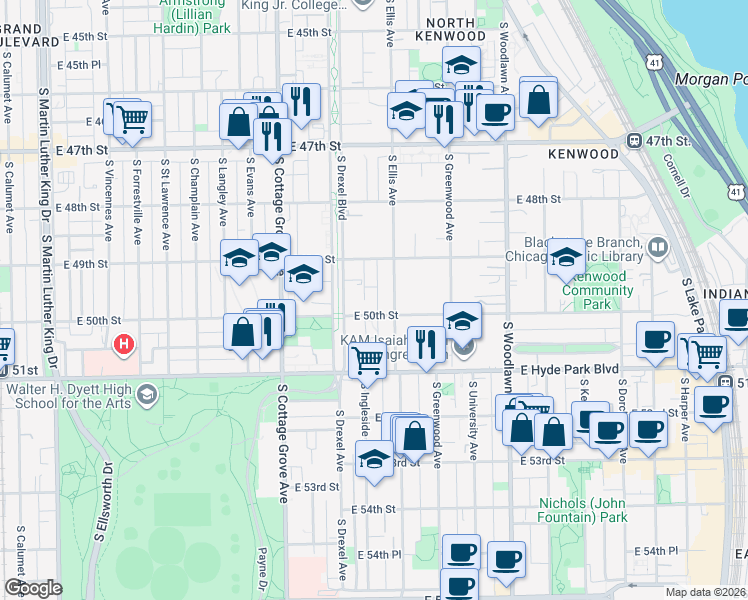 map of restaurants, bars, coffee shops, grocery stores, and more near 4935 South Drexel Boulevard in Chicago