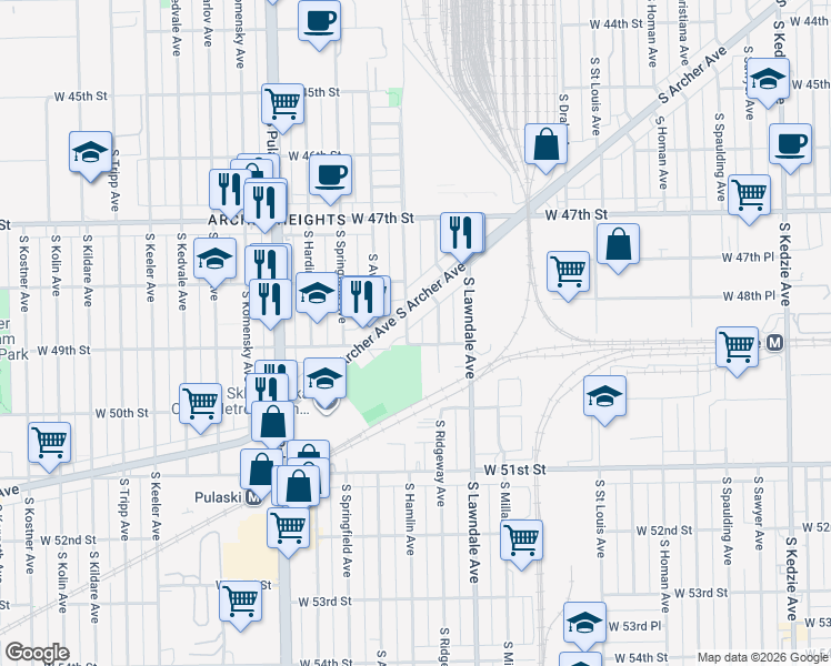 map of restaurants, bars, coffee shops, grocery stores, and more near 4857 South Hamlin Avenue in Chicago