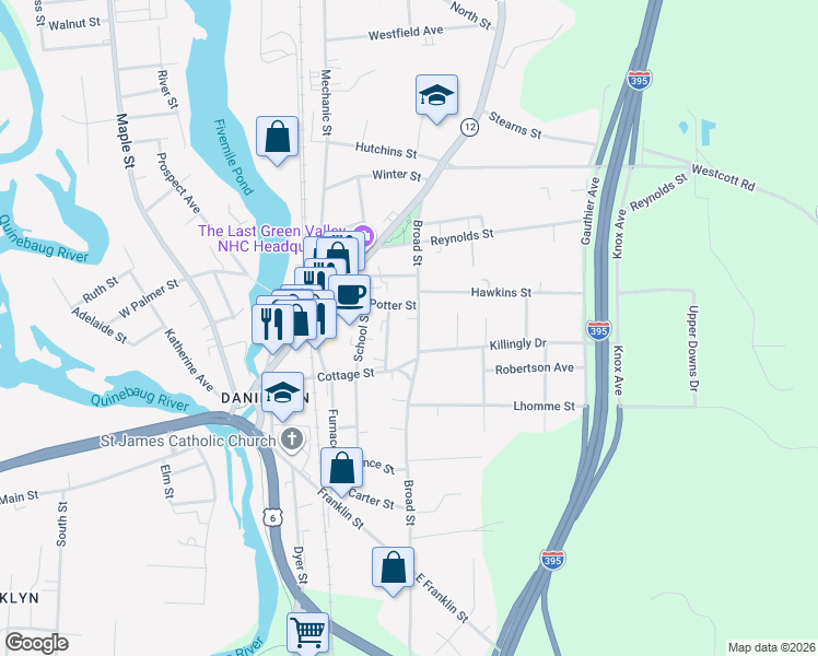 map of restaurants, bars, coffee shops, grocery stores, and more near 209 Broad Street in Killingly