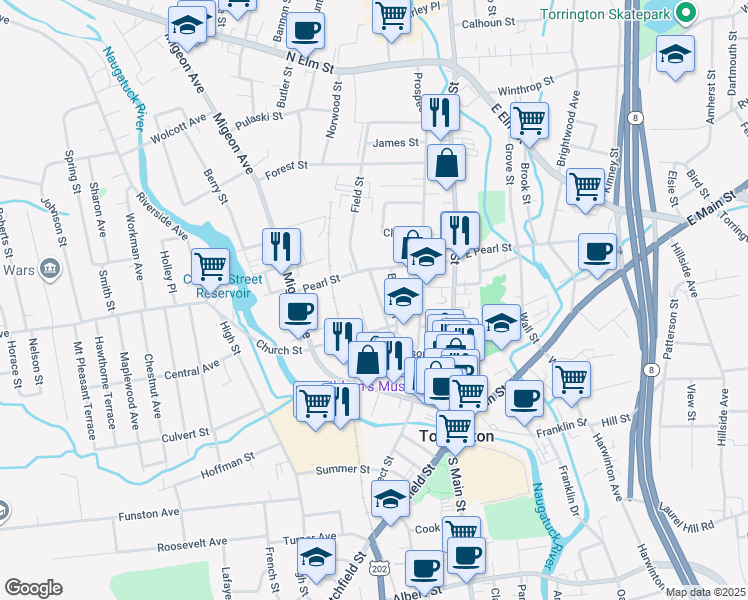 map of restaurants, bars, coffee shops, grocery stores, and more near 43 Prescott Street in Torrington