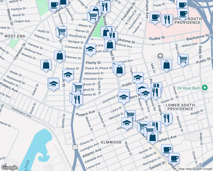 map of restaurants, bars, coffee shops, grocery stores, and more near 37 Moore Street in Providence