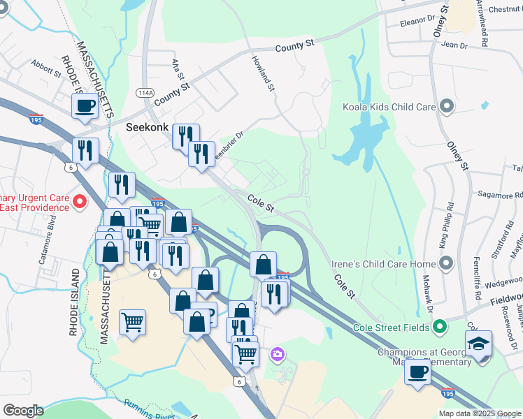 map of restaurants, bars, coffee shops, grocery stores, and more near 822 Fall River Avenue in Seekonk