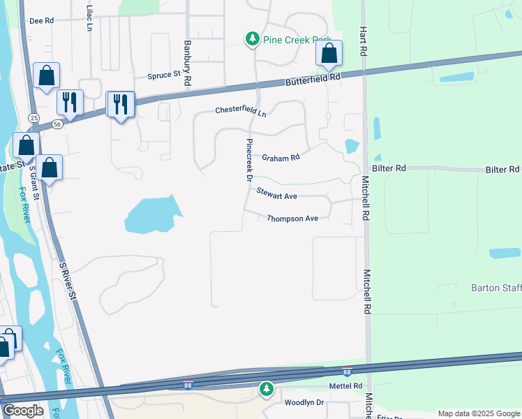 map of restaurants, bars, coffee shops, grocery stores, and more near 627 Thompson Avenue in North Aurora