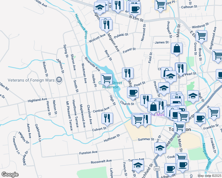 map of restaurants, bars, coffee shops, grocery stores, and more near 404 Church Street in Torrington
