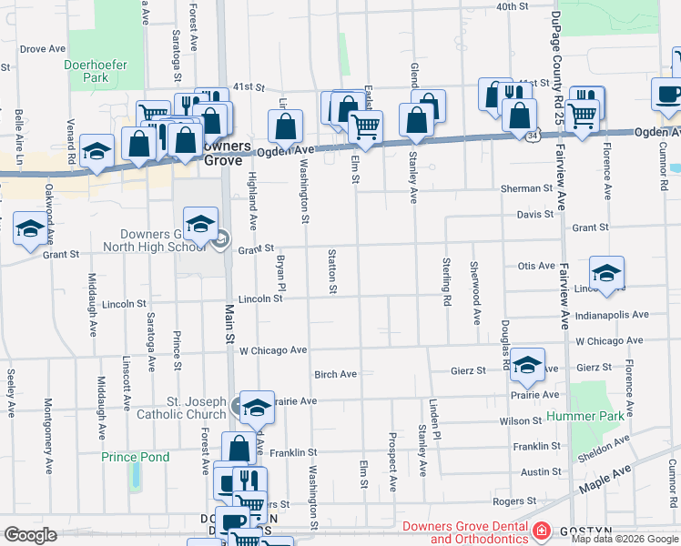 map of restaurants, bars, coffee shops, grocery stores, and more near 4512 Elm Street in Downers Grove